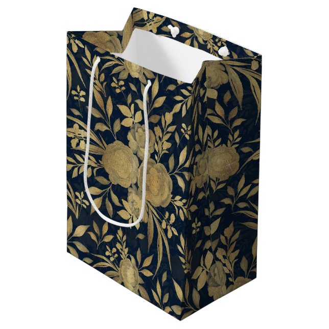 Elegant Gold Roses Floral Navy-Blue Design Medium Gift Bag (Front Angled)