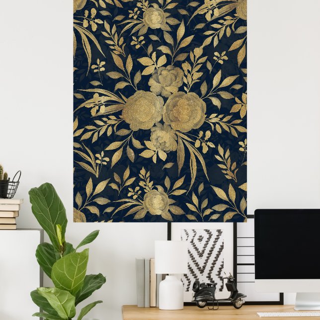 Elegant Gold Roses Floral Navy-Blue Design Poster (Home Office)