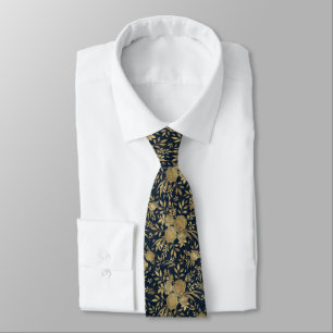 Elegant Gold Roses Floral Navy-Blue Design Tie