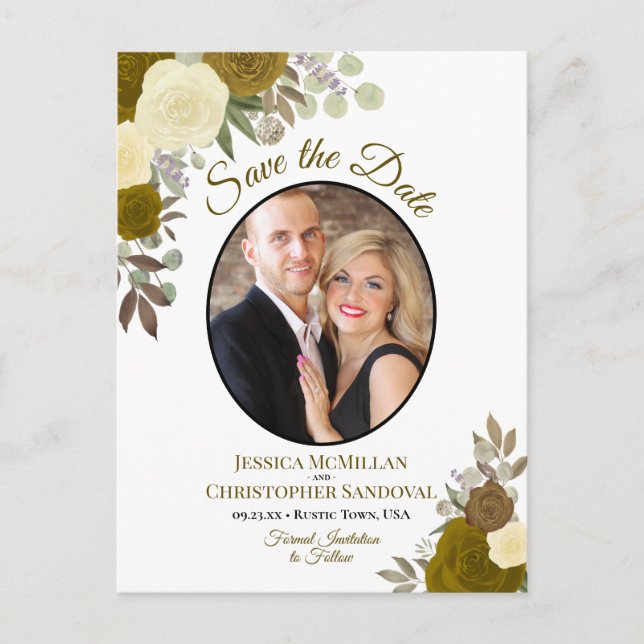 Elegant Gold Roses & Photo Wedding Save the Date Announcement Postcard (Front)