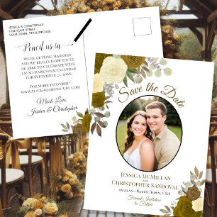 Elegant Gold Roses & Photo Wedding Save the Date Announcement Postcard