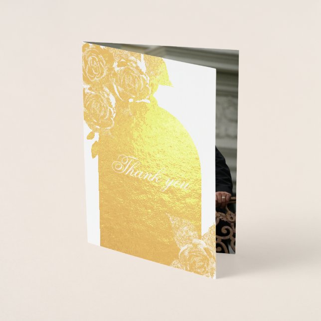 Elegant Gold Roses Wedding Thank You Photo Real Foil Card (Front)