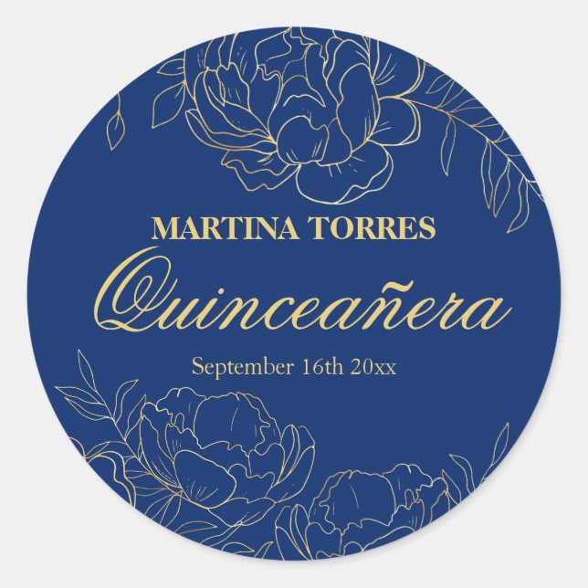 Elegant Gold Royal Blue Floral Quinceanera Sticker (Front)