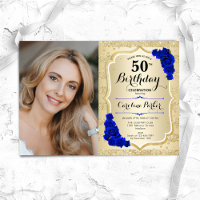 Elegant Gold Royal Blue Roses Photo 50th Birthday