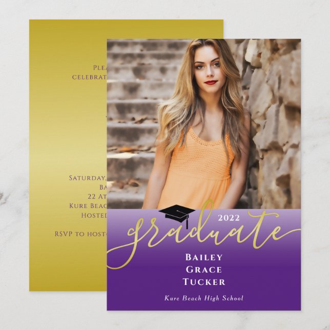 Elegant Gold Royal Purple Photo Graduation Invitation (Front/Back)