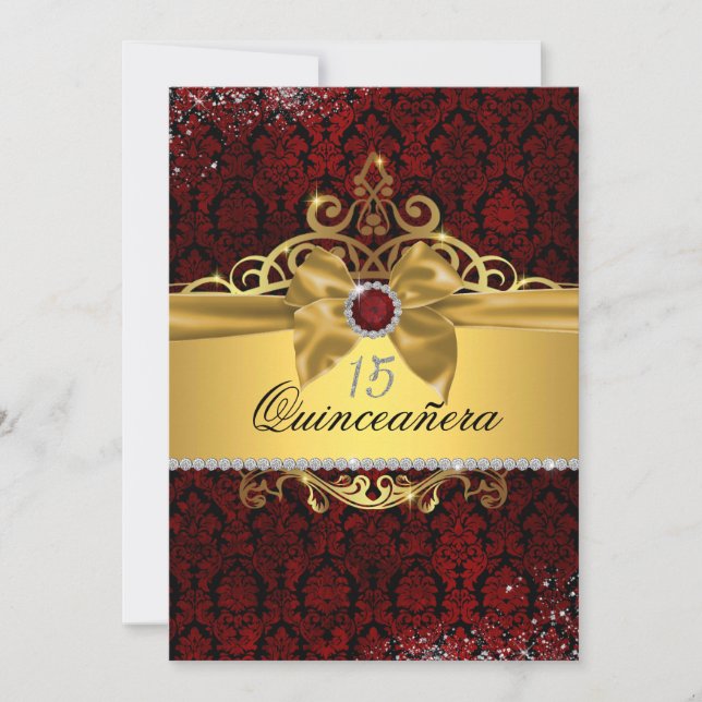 Elegant Gold Ruby Red Damask Quinceanera Invite (Front)