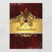 Elegant Gold Ruby Red Damask Quinceanera Invite