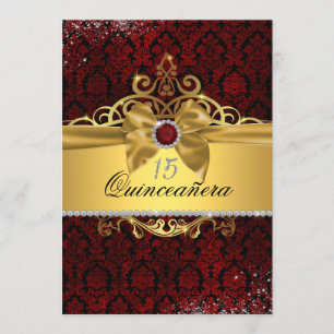 Elegant Gold Ruby Red Damask Quinceanera Invite