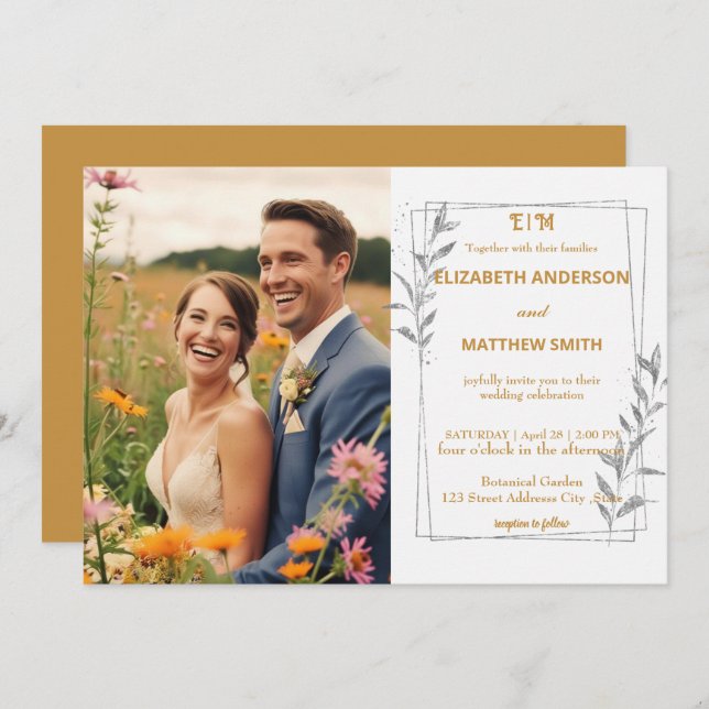Elegant Gold rustic flowers photo romantic wedding Invitation (Front/Back)