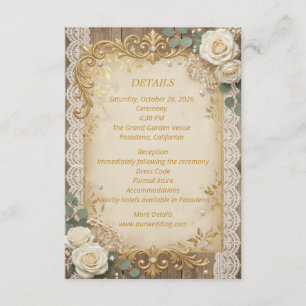 Elegant Gold Rustic Lace Ivory Rose Pearl Bow Enclosure Card