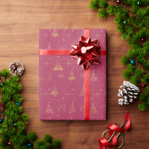 Elegant Gold & Rustic Pink Christmas Tree Doodles Wrapping Paper