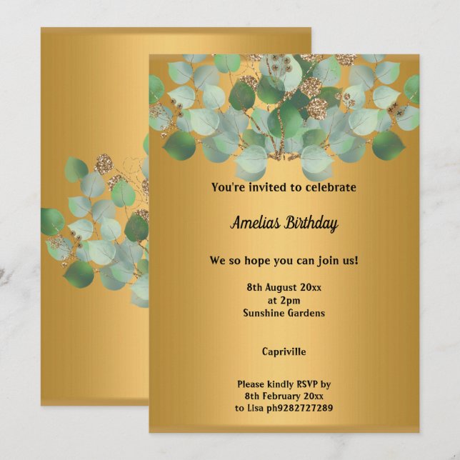 ELEGANT GOLD SAGE EUCALYPTUS BIRTHDAY PARTY  INVITATION (Front/Back)