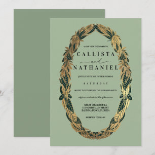 Elegant Gold Sage Green Greenery Leaves Wedding Invitation