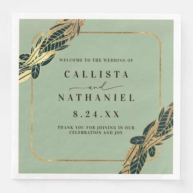 Elegant Gold Sage Green Greenery Leaves Wedding Napkin (Front)