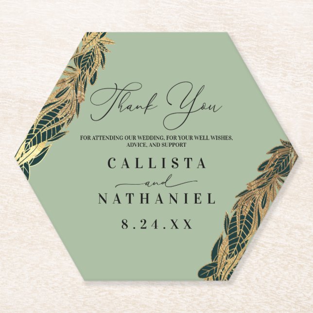 Elegant Gold Sage Green Greenery Leaves Wedding Paper Coaster (Front)