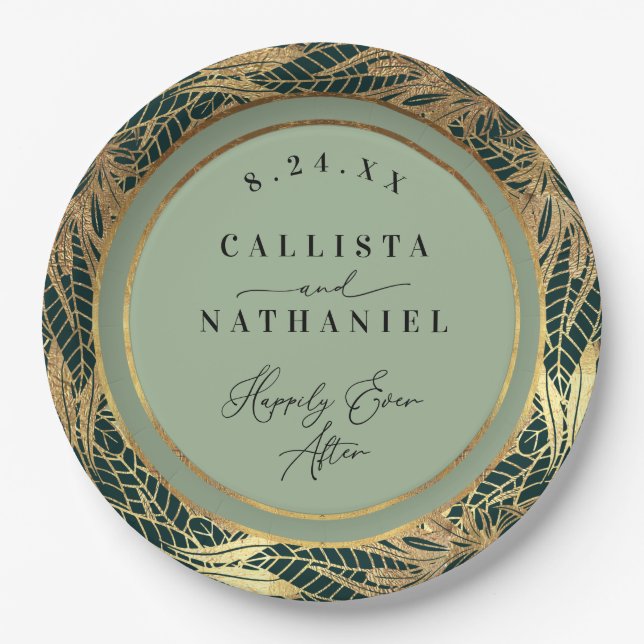 Elegant Gold Sage Green Greenery Leaves Wedding Paper Plate (Front)