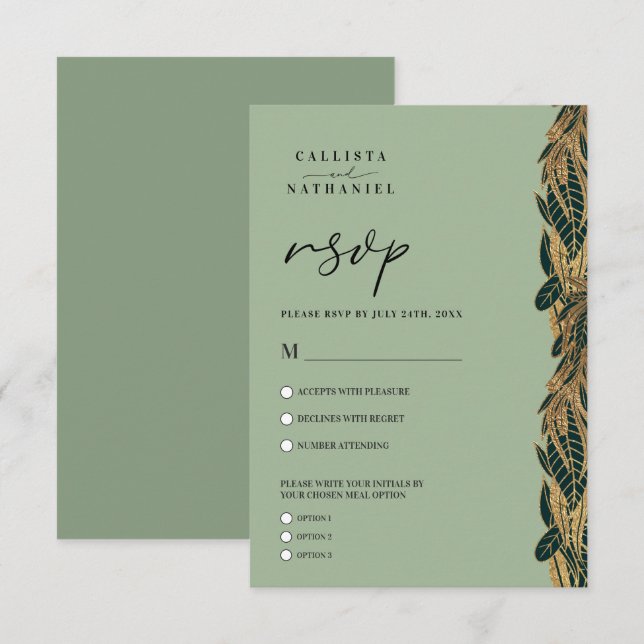 Elegant Gold Sage Green Greenery Leaves Wedding RSVP Card (Front/Back)