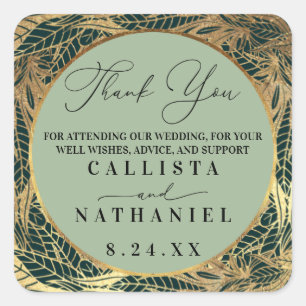 Elegant Gold Sage Green Greenery Leaves Wedding Square Sticker