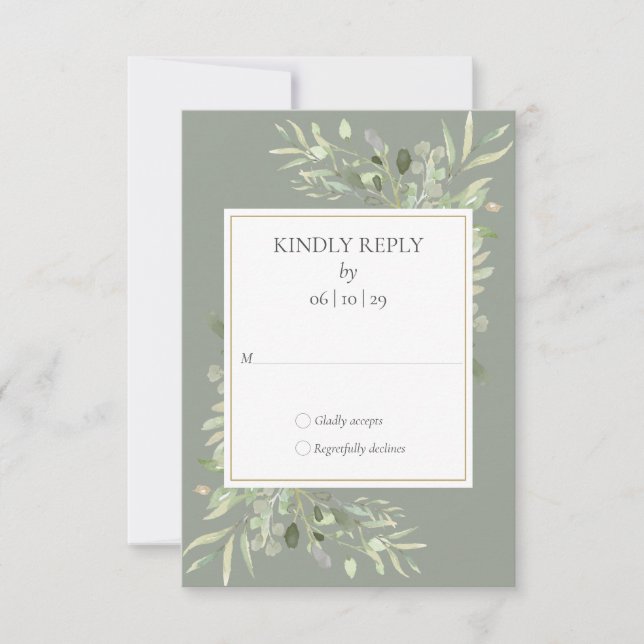 Elegant Gold Sage Green Greenery Wedding RSVP Card (Front)
