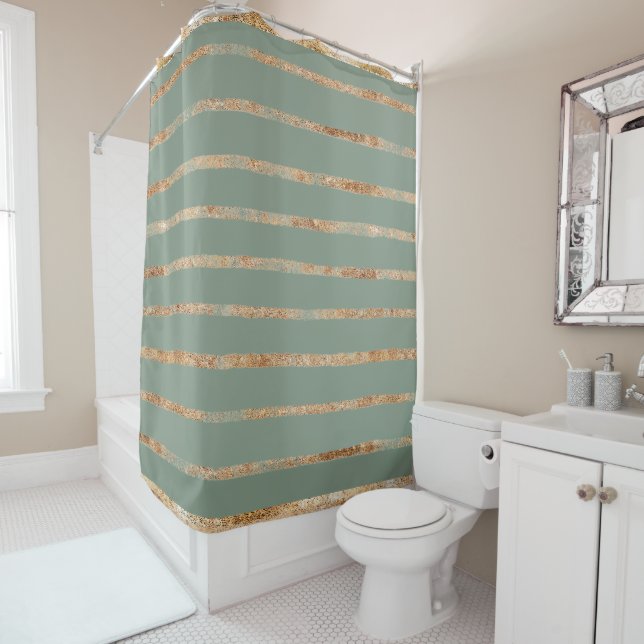 Elegant Gold Sage Green Shower Curtain (In Situ)