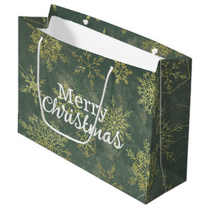 Elegant Gold Sage Green Snowflakes Merry Christmas Large Gift Bag