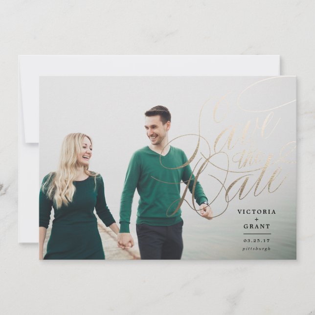 Elegant Gold Save the Date calligraphy photo card (Front)