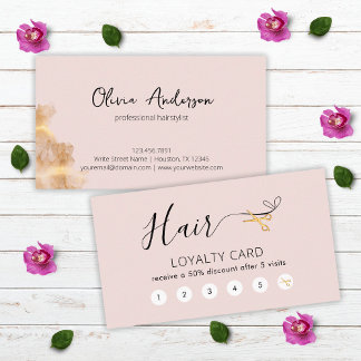 Elegant Gold Scissors Hairstylist Blush Pink Hair Loyalty Card