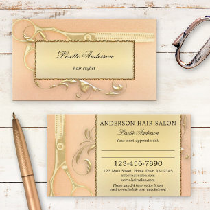 Elegant Gold Scissors Peach Hair Stylist  Appointment Card