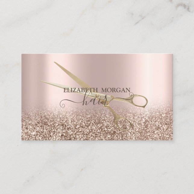 Elegant Gold Scissors Rose Gold Glitter Business Card (Front)