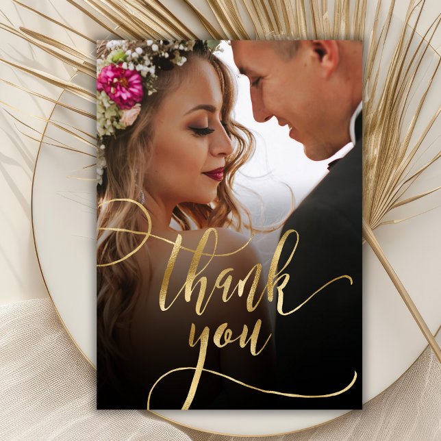 Elegant Gold Script 2 Photo Wedding Thank You Card (Creator Uploaded)