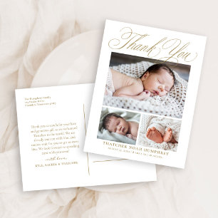 Elegant Gold Script 3 Photo Baby Thank You Postcard