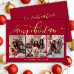 Elegant Gold Script 3 Photo Collage Red Christmas Holiday Card<br><div class="desc">Modern Elegant Script Red and Gold 3 Photo Collage Merry Christmas Holiday Card. This festive holiday card features a stylish whimsical ‘Merry Christmas’ greeting in elegant hand-lettered calligraphy on red background. The text is displayed in a faux gold brush script with swashes, beautifully set against a rich deep red background....</div>