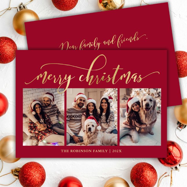 Elegant Gold Script 3 Photo Collage Red Christmas Holiday Card (Creator Uploaded)