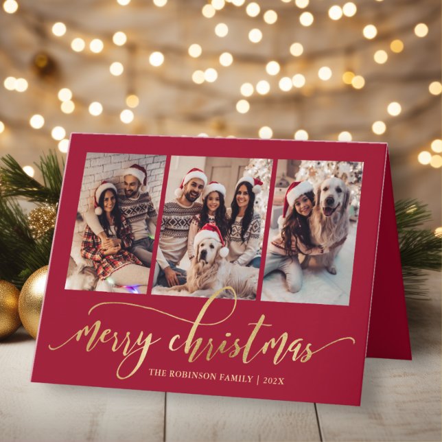 Elegant Gold Script 3 Photo Collage Red Christmas Holiday Card (Creator Uploaded)