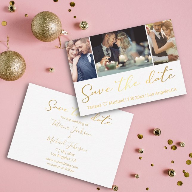 Elegant Gold Script 3 Photo Collage Save The Date  Card (Creator Uploaded)