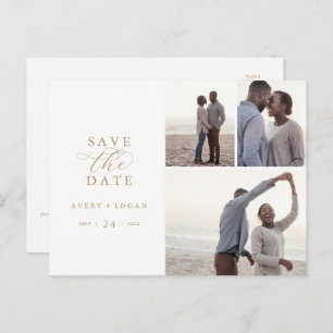 Elegant Gold Script 3 Photo Collage Save the Date Invitation Postcard