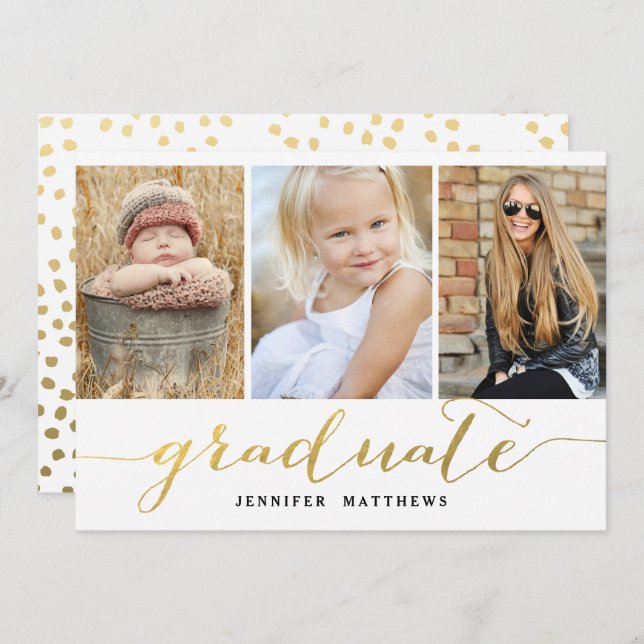 Elegant Gold Script 3 Photo Graduation Party Invitation (Front/Back)