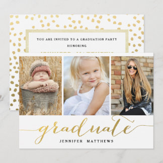 Elegant Gold Script 3 Photo Graduation Party Invitation