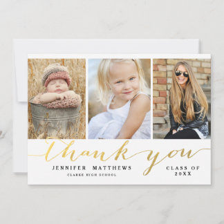 Elegant Gold Script 3 Photo Graduation Thank You Announcement