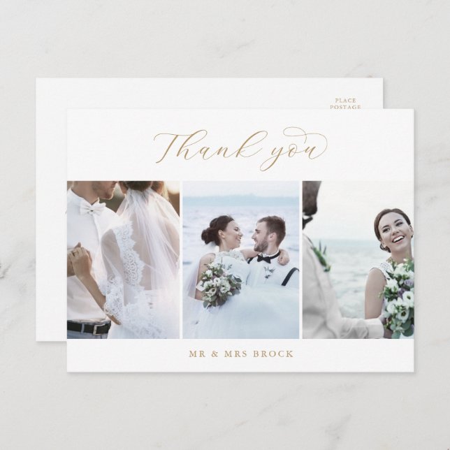 Elegant Gold Script 3 Photo Template Thank You Postcard (Front/Back)