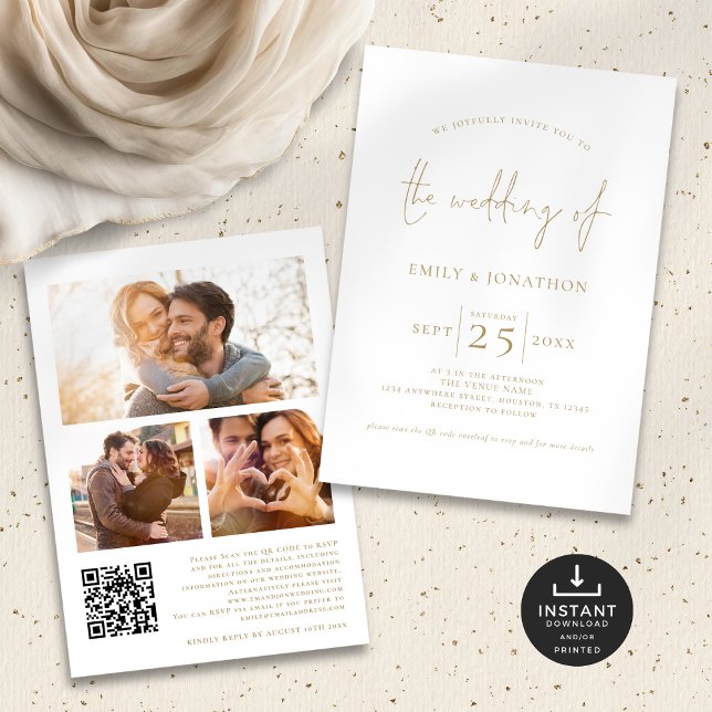Elegant Gold Script 3 Photos QR Code Wedding Invitation (Front and back view)
