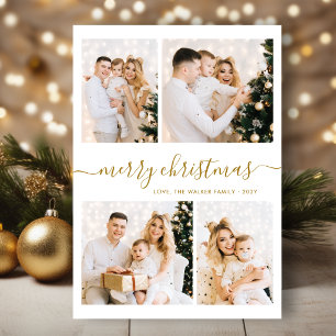 Elegant Gold Script 4 Photo Collage Christmas Holiday Card