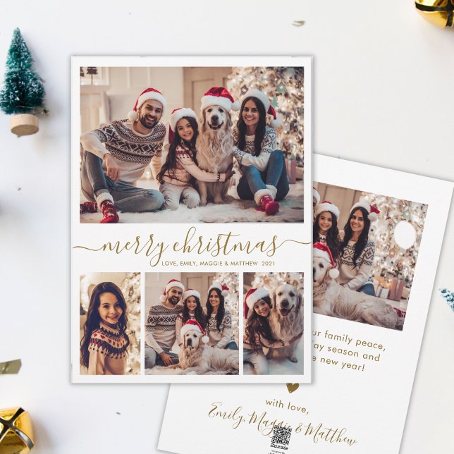 Elegant Gold Script 4 Photo Collage Christmas  Holiday Card (Creator Uploaded)