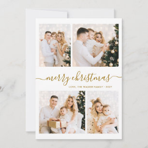 Elegant Gold Script 4 Photo Collage Christmas Holiday Card