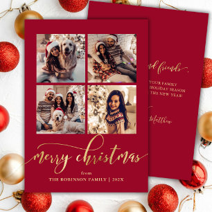 Elegant Gold Script 4 Photo Collage Red Christmas  Holiday Card