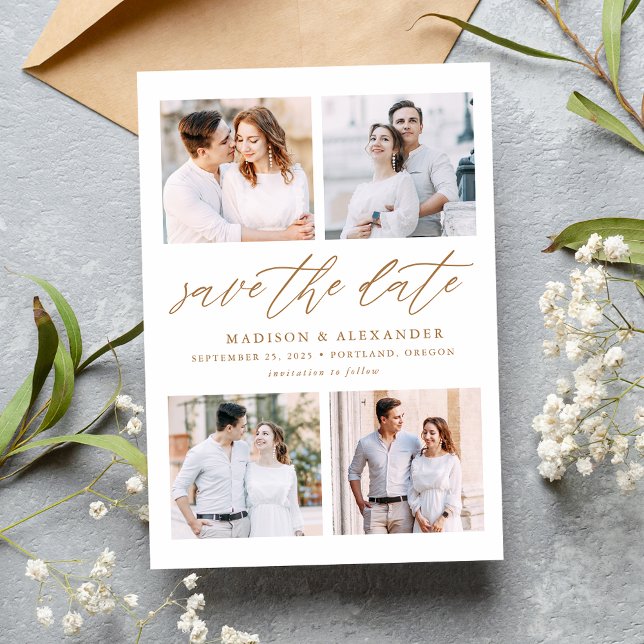 Elegant Gold Script 4 Photo Collage Save The Date (Creator Uploaded)