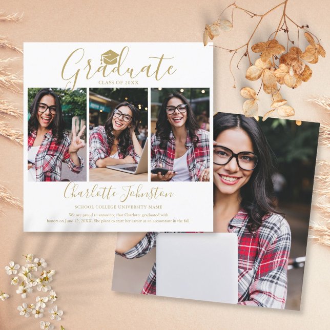 Elegant Gold Script 4 Photo Graduation Party Invitation (Creator Uploaded)