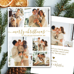 Elegant Gold Script 5 Photo Collage Christmas Holiday Card