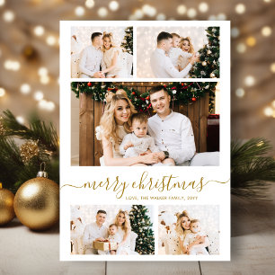 Elegant Gold Script 5 Photo Collage Christmas Holiday Card
