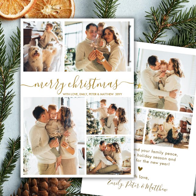 Elegant Gold Script 8 Photo Collage Christmas  Holiday Card (Creator Uploaded)